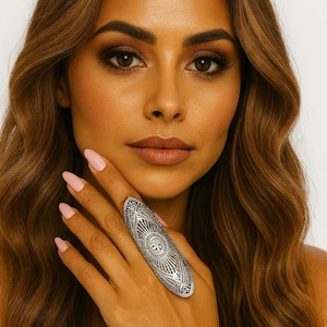 Antiqued Silver Tone Full Finger Ring Tribal Ethnic Boho Statement Not Adjustable Size 7.5  Gift Accessory