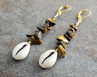 Cowrie Shell Tigers Eye Beaded Earrings, Bohemian Jewelry,  Dangle Earrings
