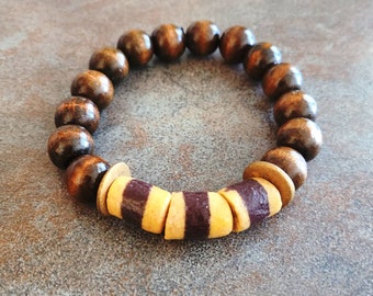 Men Bracelet Large Beaded Jewelry Brown Wood Handmade Trade Beads