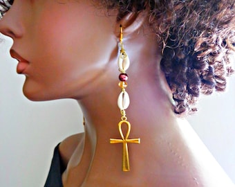 Gold Ankh Dangle Earrings, Egyptian Earrings, Statement Jewelry, Egyptian Cross Earrings, Urban Chic Jewelry, Light Weight Long Earrings