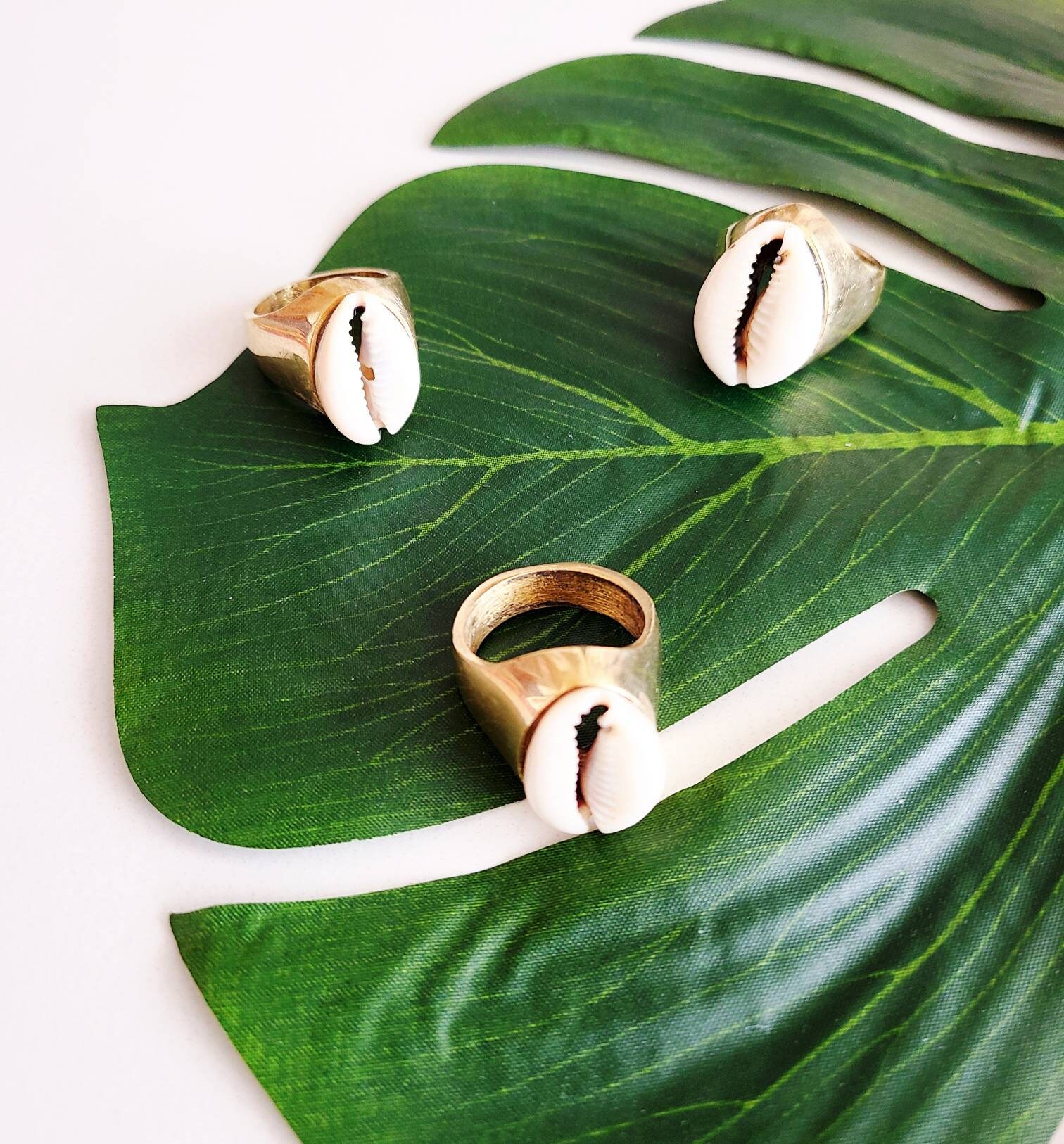 Solid Brass Cowrie Shell Ring Sea Shell Ring Natural Etsy