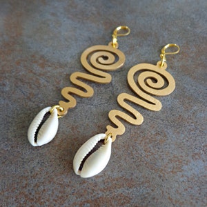 Ethnic Earrings, Gold, Abstract Drop Earrings, Dangle Cowrie Shell Earrings