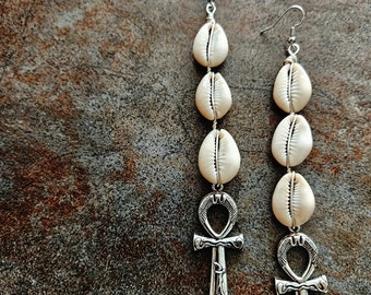 Silver Ankh Triple Cowrie Shell Dangle Earrings, Egyptian, Statement Jewelry, Cross Jewelry, Light Weight Long