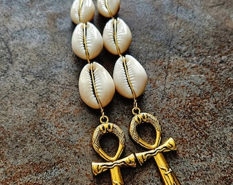 Gold Ankh Triple Cowrie Shell Dangle Earrings, Egyptian, Statement Jewelry, Cross Jewelry, Light Weight Long