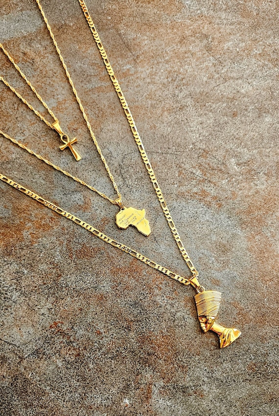 Nefertiti Necklace Set: 18K Gold Plated Africa Pendant, Ankh Charm