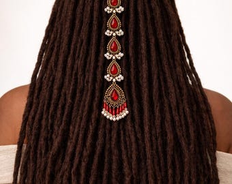 Brudhårsmycken med röd ädelsten, guldfärgad pärlkedja, uttalandehåraccessoar, bohemiskt bröllopshårband, långt hårsmycken