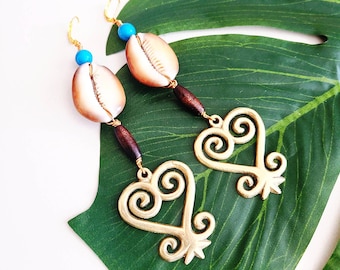 Sankofa Cowrie Shell Earrings - Brass Adinkra Symbol Jewelry, Statement Jewelry