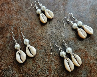 Cowrie Shell Earrings, Sea Shell Earrings, Silver Wire, Sea Shell Earrings
