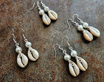 Cowrie Shell Earrings, Sea Shell Earrings, Silver Wire, Sea Shell Earrings