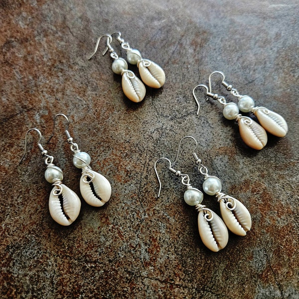 Cowrie Shell Earrings, Sea Shell Earrings, Silver Wire, Sea Shell Earrings