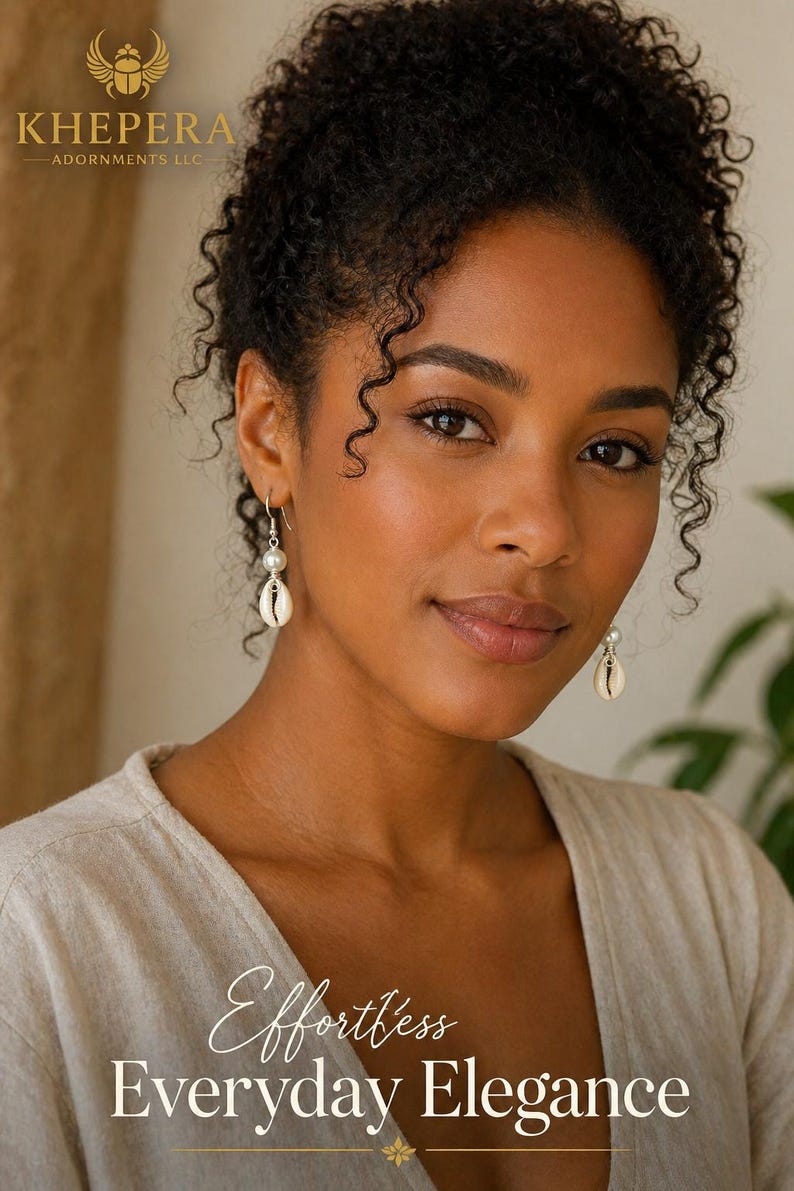 May include: A woman wearing shell earrings with a pearl accent. The earrings are hanging from silver hooks. The image includes the text "Effortless Everyday Elegance" and the logo for KHEPERA Adornments LLC.