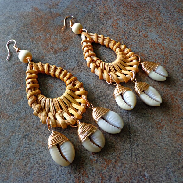 Cowry Shell Earrings Rattan, Teardrop Wicker, Cowrie, Sea Shell, Beach Jewelry Natural Dangle, Ethnic Statement