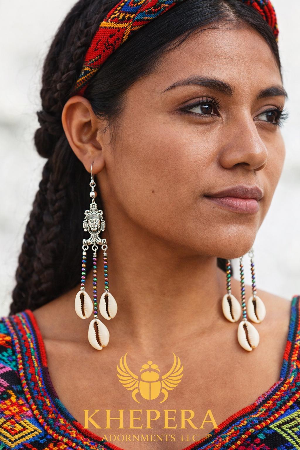 Aztec Shell Jewelry Aztec, Olmec, Mesoamerican Deity Cowrie Shell Earrings Silver Tribal ...