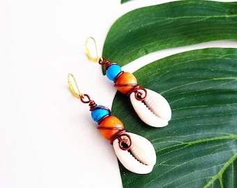 Wire Wrapped Cowrie Shell Dangle Earrings, Boho Chic Earrings, Ethnic Jewelry