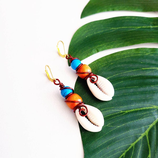 Wire Wrapped Cowrie Shell Dangle Earrings, Boho Chic Earrings, Ethnic Jewelry