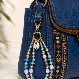 Blue Beaded Cowrie Shell Purse Charm Handbag Accessory Boho Bag Pendant Coastal Gift Backpack Keychain Khepera Adornments