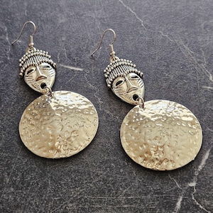 Silver Mask Earrings, Dangle, Ethnic Jewelry, Afro Boho, Artist Jewelry Vintage Inspired