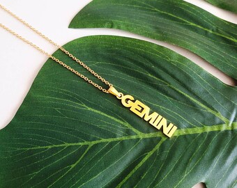 Zodiac Charm Necklace, Astrology, Constellation, Gold, Stainless Steel, Pendant, Horoscope, Gemini