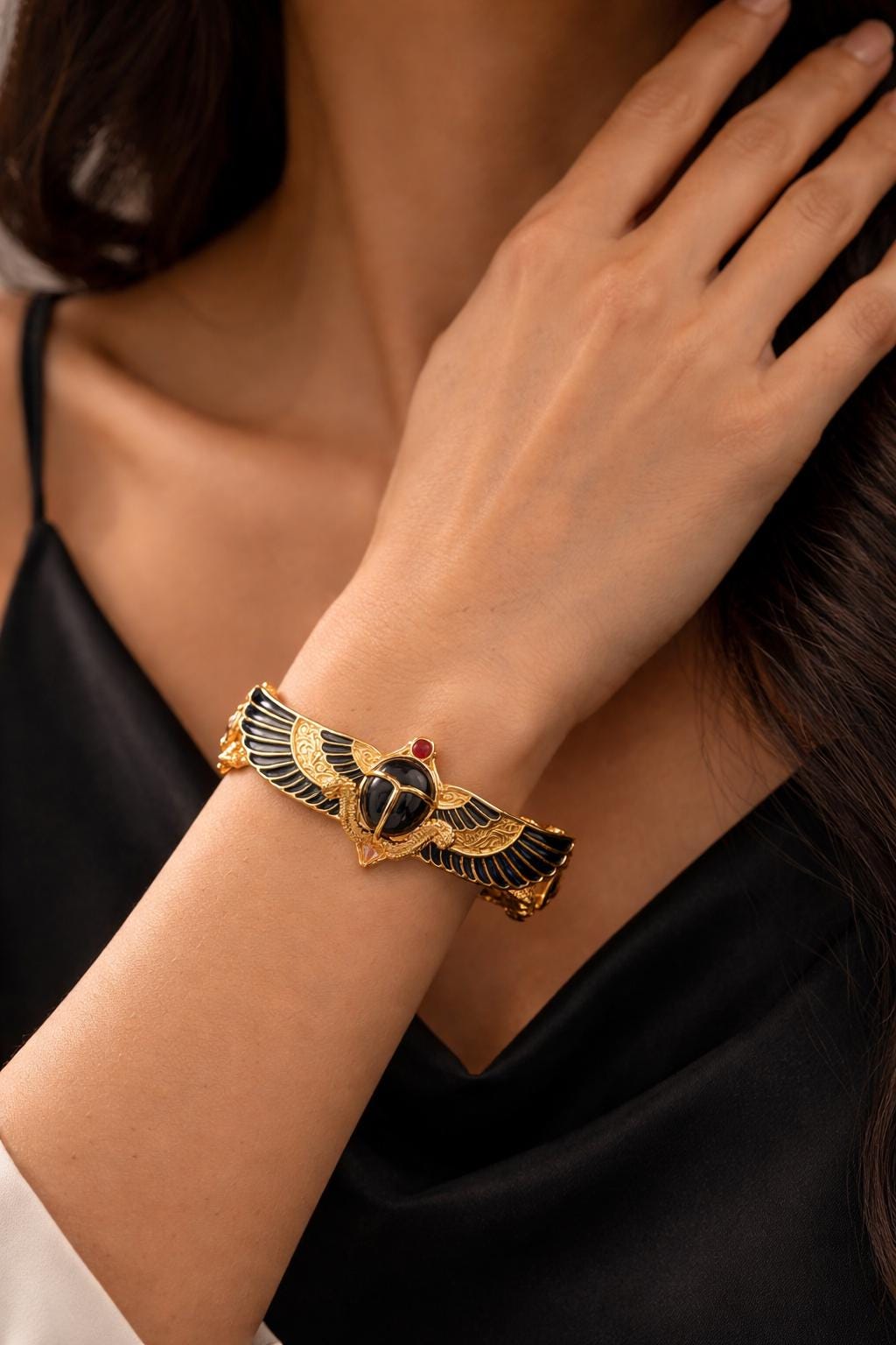 Gold Plated Winged Scarab Cuff Bracelet, Khepera, Artisan Egyptian ...