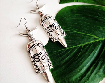 Silver Tribal Mask Earrings, Ethnic, Tibetan, Large, Drop, Khepera Adornments