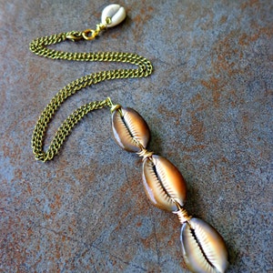 Triple Shell Necklace - Cowrie Shell Antiqued Bronze Chain Necklace, Sea Shell Necklace, Boho Jewelry