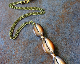 Triple Shell Necklace - Cowrie Shell Antiqued Bronze Chain Necklace, Sea Shell Necklace, Boho Jewelry