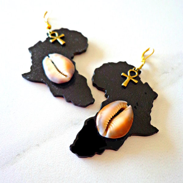Black Wooden Africa Earrings, Egyptian Ankh and Cowrie Shell African Earrings, Africa Continent, Ethnic Jewelry, Tribal Chic Dangle Earrings