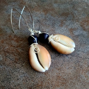 LARGE Sea Shell Earrings, Beach Jewelry, Brown Cowrie Tiger Shell  Natural, Silver Wire