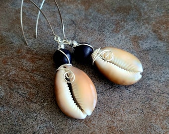 LARGE Sea Shell Earrings, Beach Jewelry, Brown Cowrie Tiger Shell  Natural, Silver Wire