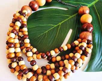 Chunky Beaded Multi Strand Necklace, Large Beads, Wood, Tribal, Ethnic, Fashionable, Bib, Bohemian