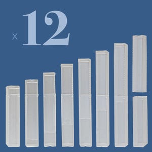 May include: Twelve clear plastic rectangular containers of varying heights are arranged in a stepped pattern against a blue background. The containers appear to be empty and have a slightly frosted appearance. The number "12" is displayed in a light blue font.