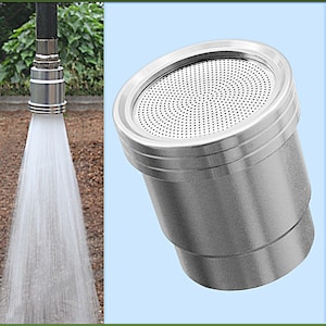 May include: A stainless steel water nozzle with a perforated face, shown with a stream of water. The nozzle is attached to a black hose, and the water sprays outward. The nozzle is designed to aerate the water.