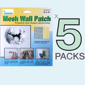 May include: A package of five HomeLife Essentials Mesh Wall Patches, each 4 in x 4 in, designed for permanently repairing damaged walls and ceilings. The packaging includes instructions and a visual guide for application.