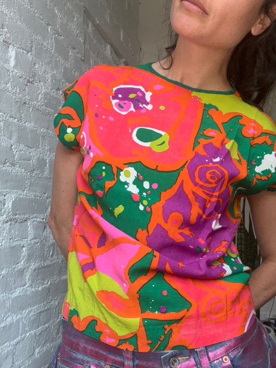 70s Abstract Print Blouse, Multi-color, Alex Cole… - image 3