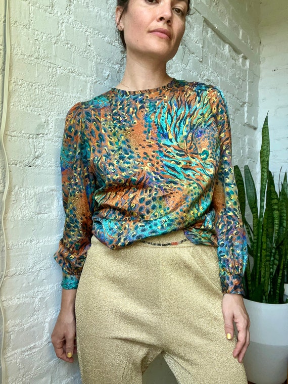 Retro Cheetah Sheer Blouse Lace Detail Conceal Button