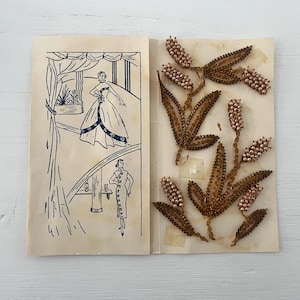 May include: An open book with fashion illustrations and beaded floral embellishments. The illustrations are in blue ink on aged paper, depicting women in dresses. The beaded elements feature brown leaves and pinkish-tan bead clusters.