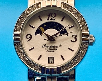 PRECISION By GRUEN Women’s Vintage Moon Phase Wristwatch Date Works New Battery