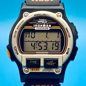Vintage Timex Ironman Triathlon Mens Watch 38mm Digital 8 Lap New Battery 7.75\