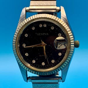 GENEVA Vintage Men’s Quartz Wristwatch Date Expandable Speidel Band Working Condition