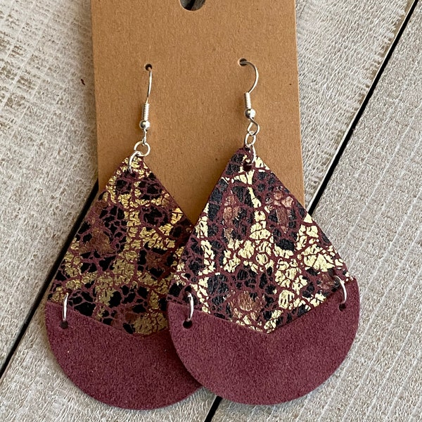 Leather Earrings: Wine leather, cheetah print, teardrop earring, suede leather l, statement earrings, gift for her, burgundy, wine, red