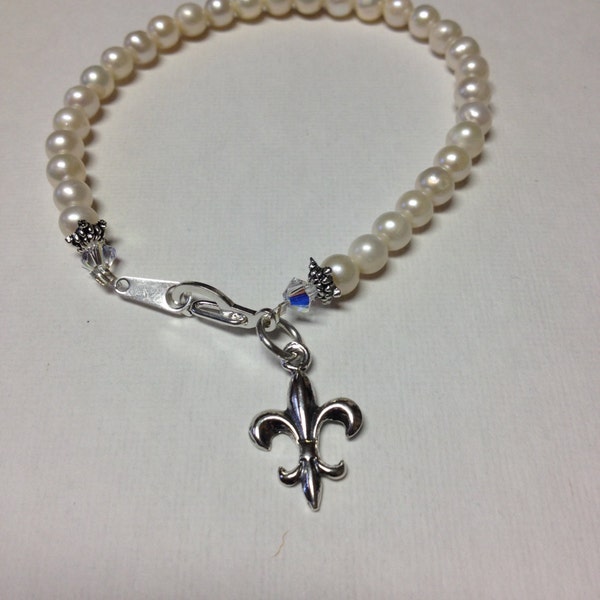 Sterling Silver Fleur de Lis and Pearl Bracelet and Cake Pull