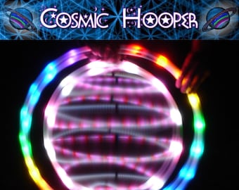 Convertible Cosmic LED Gyro-Hoop - Rainborion's Belt 2-section outer with 7-color ribbon & white dotted strobe inner - 5/8" HDPE tubing