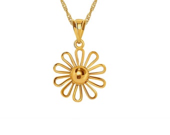 May include: A gold chain necklace with a delicate daisy pendant. The pendant features a small round center and eight thin petals.