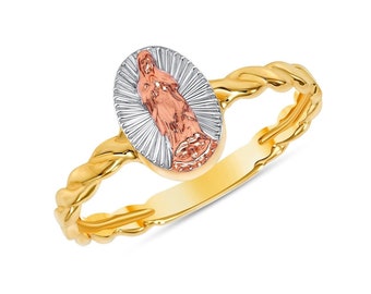 14k Solid Gold Tri color our lady of guadalupe ring with a twist band.