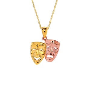 14k solid two tone comedy and tragedy mask pendant on 18&quot; chain