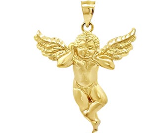 14k Solid Gold Cherub Angel Pendant: Ornate Design