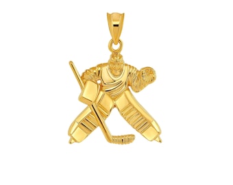 14k solid yellow gold hockey goalie pendant.  sports hockey.