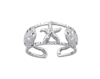 One size fits all sterling silver starfish & sand dollars toe ring