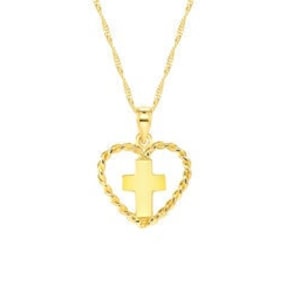 14k Solid Gold Cross Heart Pendant Necklace - 18&quot; Chain