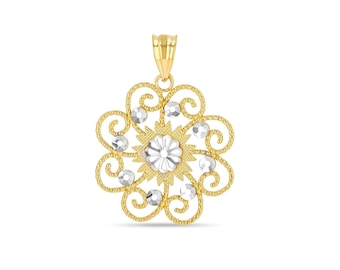 14k solid gold two tone filigree lace pendant.